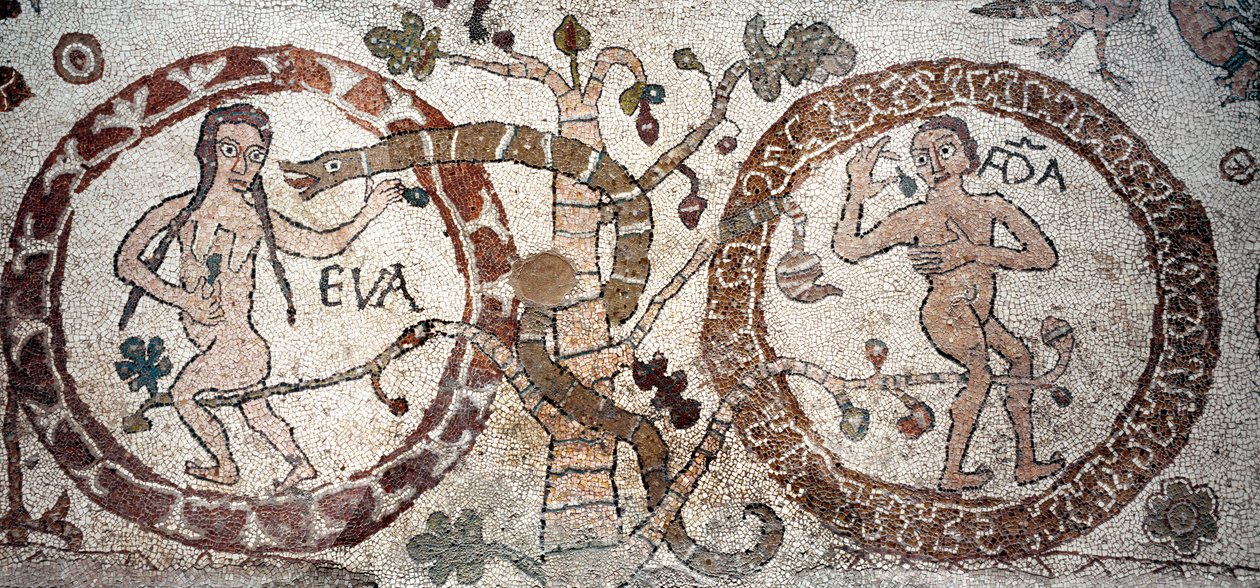 Die Versuchung von Adam und Eva. Mosaik von Pantaleone, Priester und Mosaist. 1163-1166. Zentrales Kirchenschiff der Kathedrale von Otranto (Otranto), Italien von Pantaleon Pantaleon