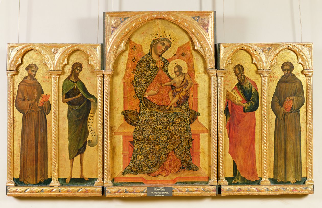 Jungfrau und Kind mit St. Franziskus, Johannes dem Täufer, St. Johannes dem Evangelisten, St. Antonius von Padua, 1354 von Paolo Veneziano