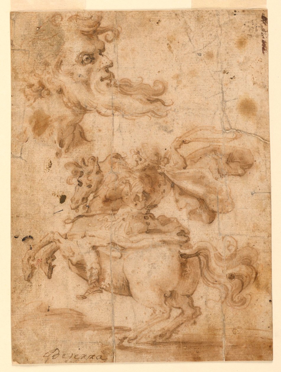 Der Kopf eines bärtigen Mannes, ein Mann zu Pferd, ca. 1650 von Paolo Emilio Besenzi