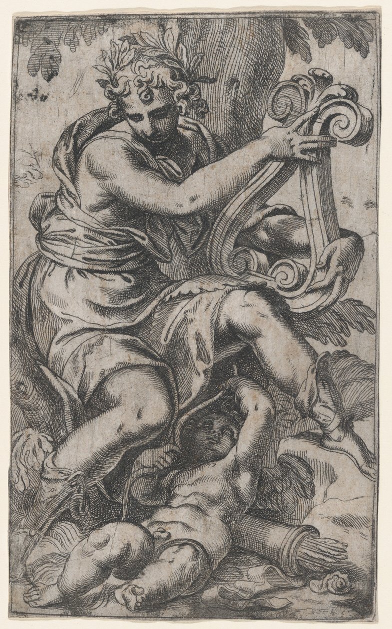 Cupid und Apollo mit einer Lyra von Paolo Farinati
