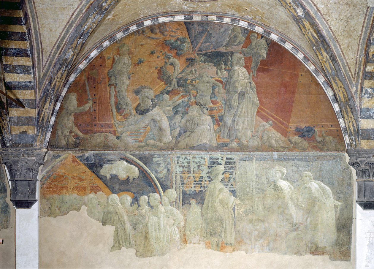 Die Flut und das Nachlassen der Wasser (oberer Abschnitt) Das Opfer und die Trunkenheit Noahs (unterer Abschnitt) Lünette von Paolo Uccello