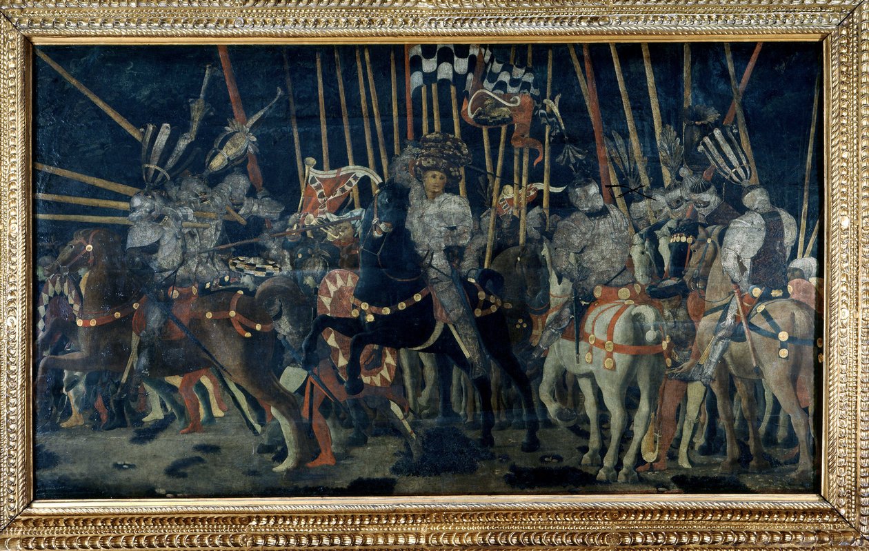 Der Gegenangriff von Micheletto da Cotignola (Die Schlacht von San Romano). Zweite Episode, die den Gegenangriff von Micheletto da Cotignola illustriert. Gemälde von Paolo di Dono genannt Paolo Uccello (1397-1475) von Paolo Uccello