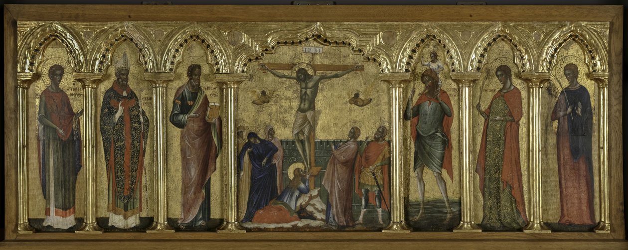 St. Stratonicus, St. Hermolaus, St. Matthäus, St. Christophorus, St. Thekla und St. Abundius, Polyptychon der Kreuzigung mit Heiligen von Paolo Veneziano