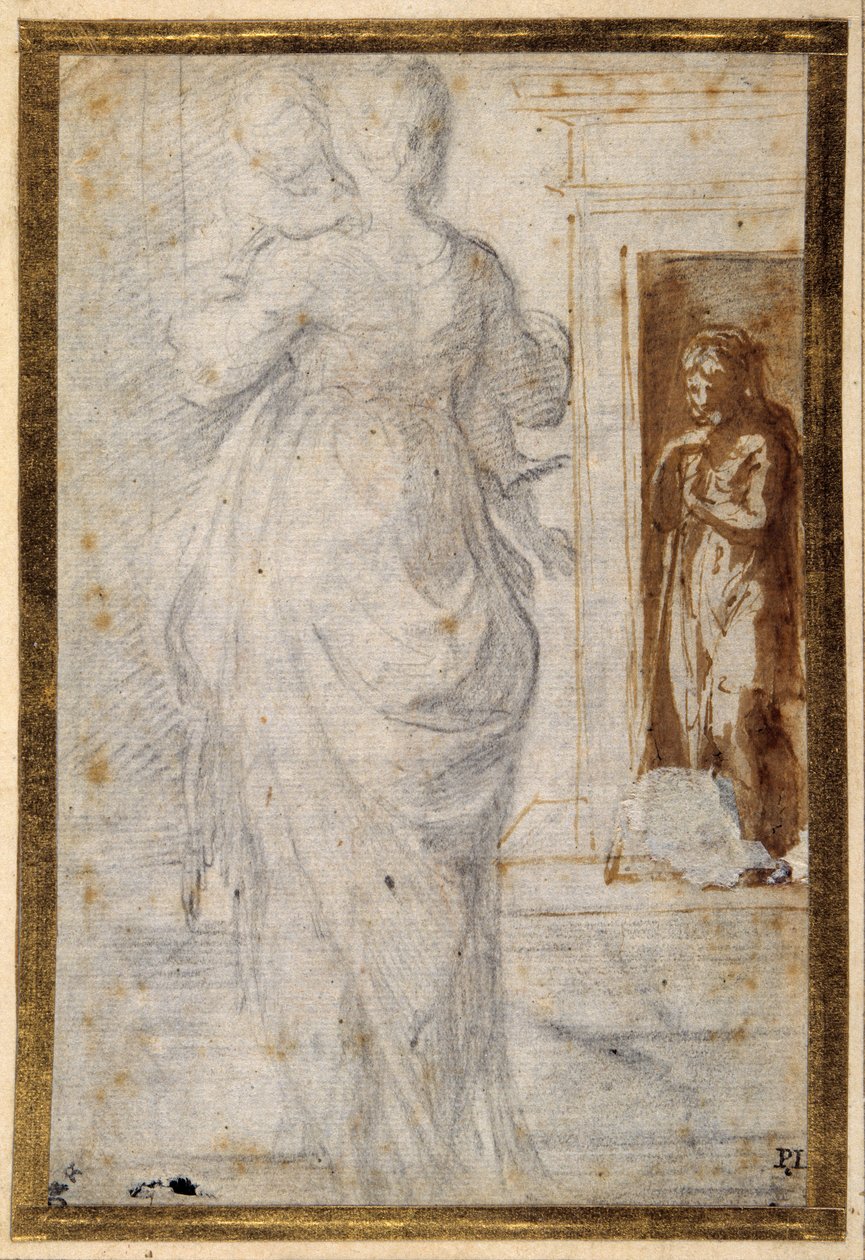 Rückansicht einer Frau mit einem Kind; ein Mann lehnt an seinem Stock und wartet in einer Tür von Parmigianino