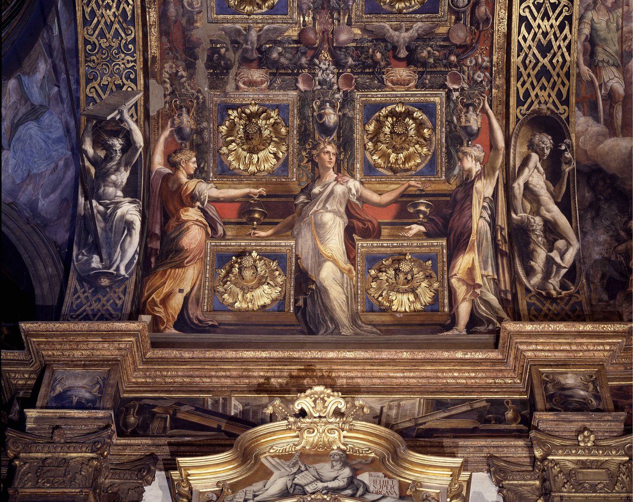Drei der fünf törichten Jungfrauen. Detail der Fresken von Francesco Mazzola, bekannt als Parmigianino, die das Hauptgewölbe der Hauptkapelle der Kirche Madonna della Steccata in Parma schmücken von Parmigianino