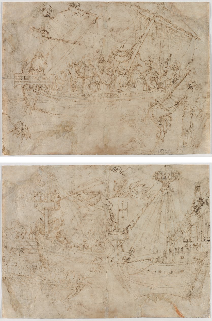 Navicella (recto) Zwei Zeichnungen von Schiffen (verso) von Parri Spinelli