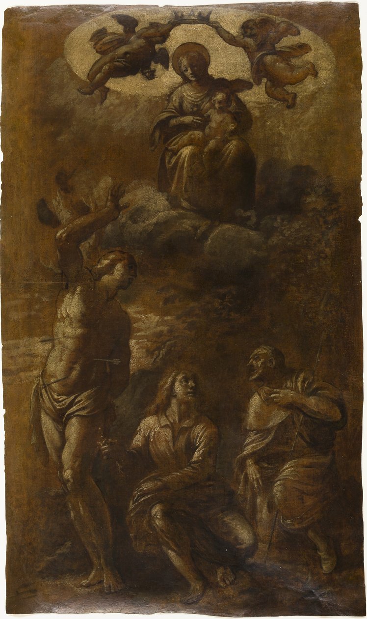 Jungfrau und Kind in Herrlichkeit mit den Heiligen Sebastian, Johannes dem Evangelisten und Rochus von Pasquale Ottino