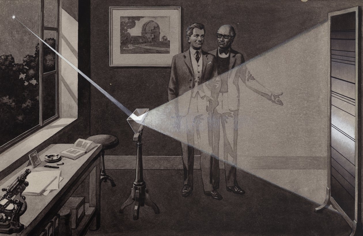Das Licht eines Sterns trifft auf ein Prisma und spaltet sich in einen Regenbogen von Farben von Pat (1907 95) Nicolle