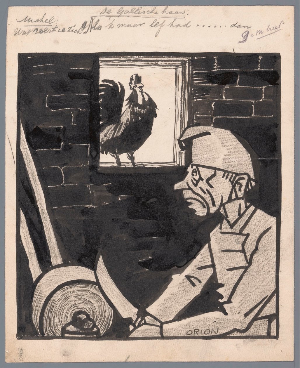 Mann schleift Messer, während der französische Hahn kräht von Patricq Kroon (signed by artist)