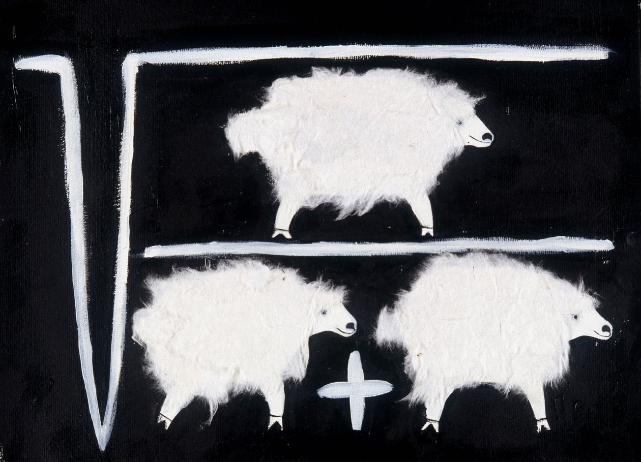 Klonen: Ein mathematisches Symbol, das Quadratwurzel-, Divisions- und Addition-Rechenoperationen darstellt, wobei Schafe als Versuchstiere verwendet werden. Weiße Baumwollcollage auf schwarzem Hintergrund. von Patrizia La Porta