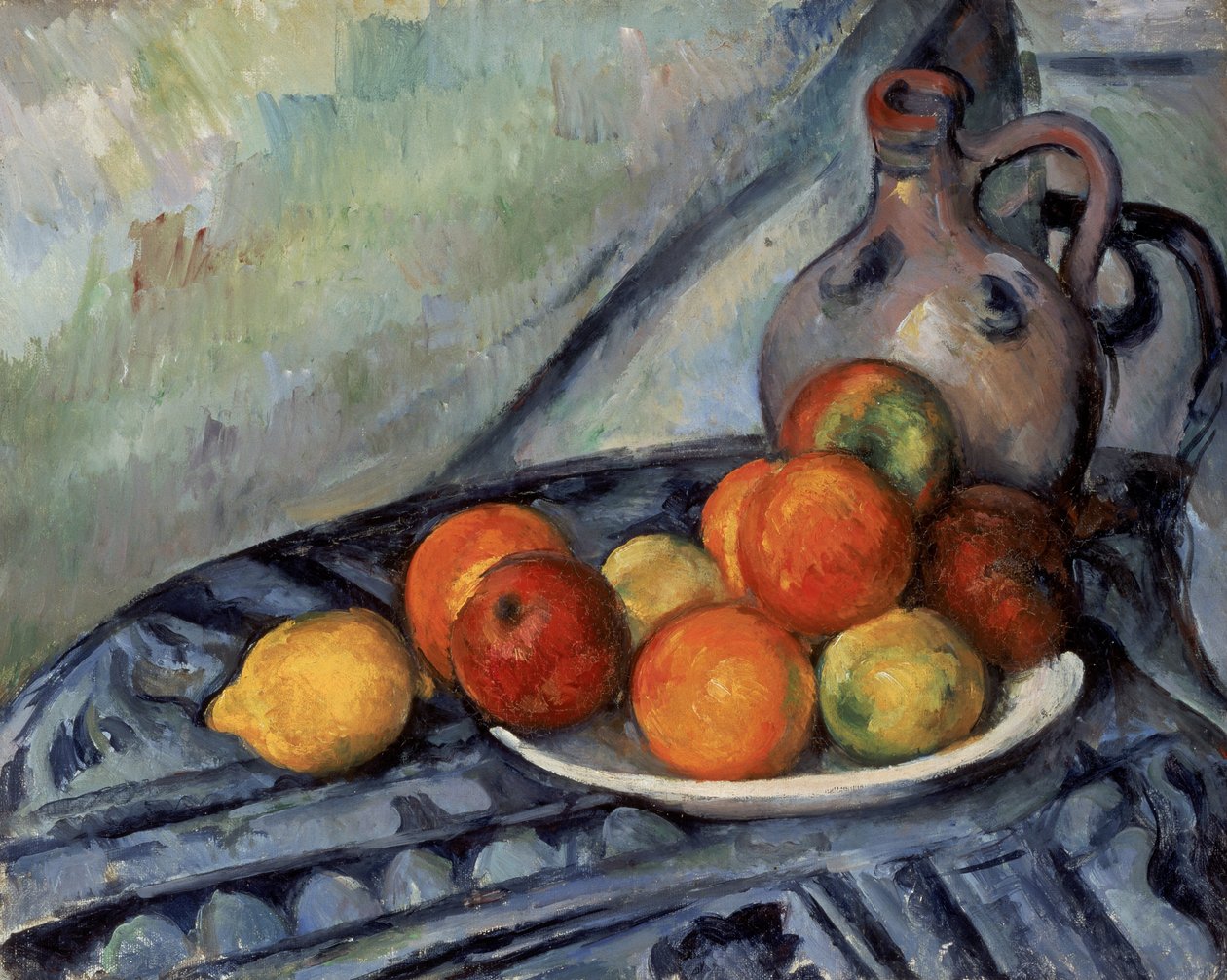 Obst und ein Krug auf einem Tisch von Paul Cézanne