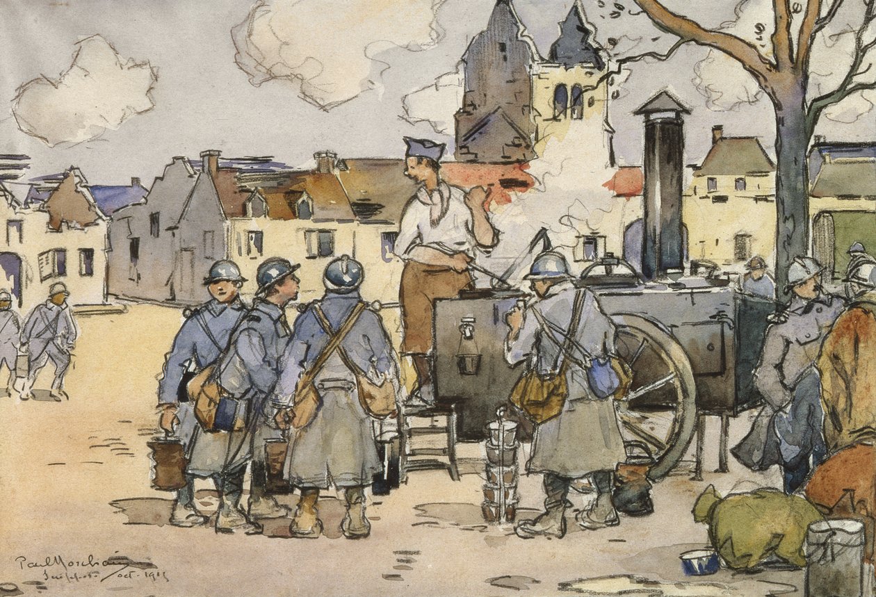 Französische Scharfschützen an einer Feldküche, Marne, Oktober 1915 von Paul Morchain