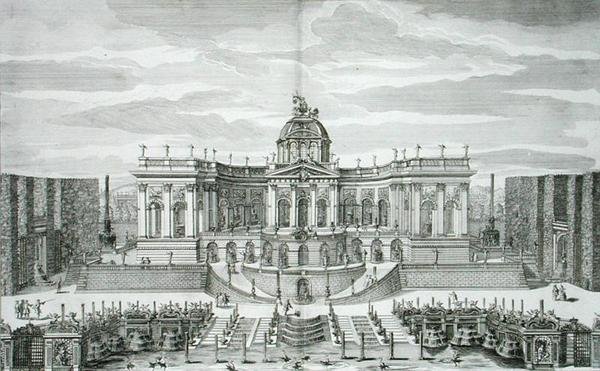 Die Große Grotte und der Fontänengarten am Fürstlichen Lustschloss und Gärten, Berlin, graviert von Johann August Corvinus, veröffentlicht ca. 1711-16 (Gravur) von Paul Decker