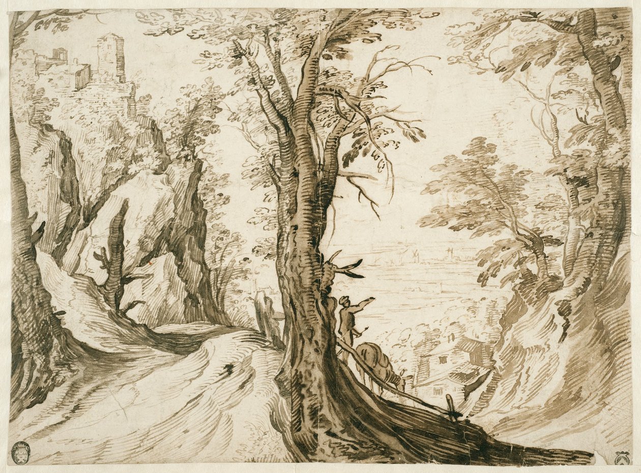 Berglandschaft mit einer Straße, die in ein Tal führt von Paul Bril