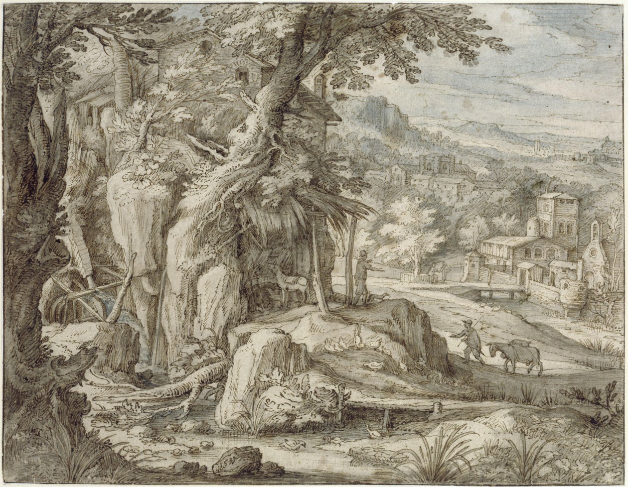 Mühle auf einem Felsen bei einer Schlucht von Paul Bril