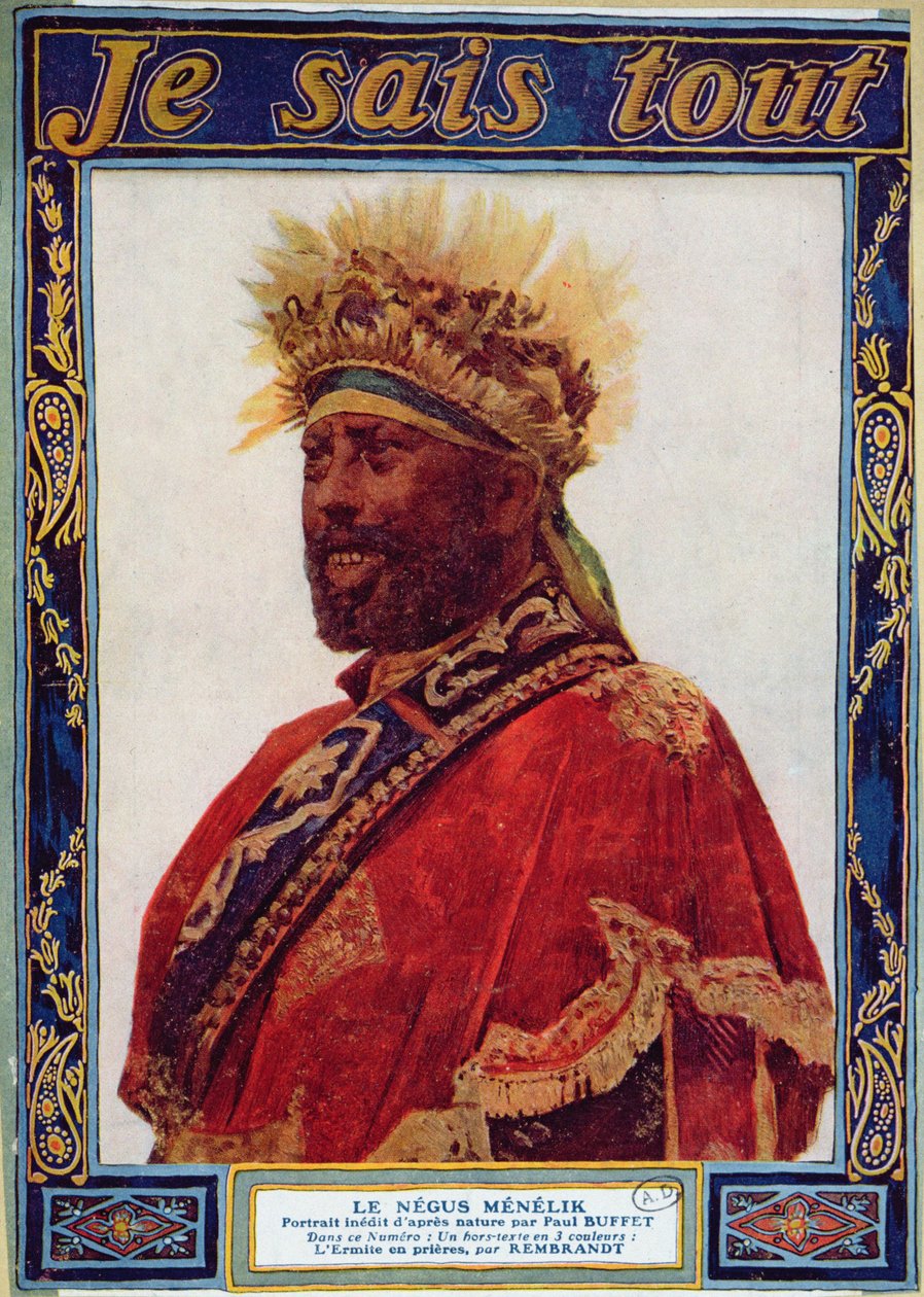 Porträt des Negus von Äthiopien, Menelik II (1844-1913), Illustration aus der Zeitschrift Je Sais Tout, ca. 1900 von Paul Buffet