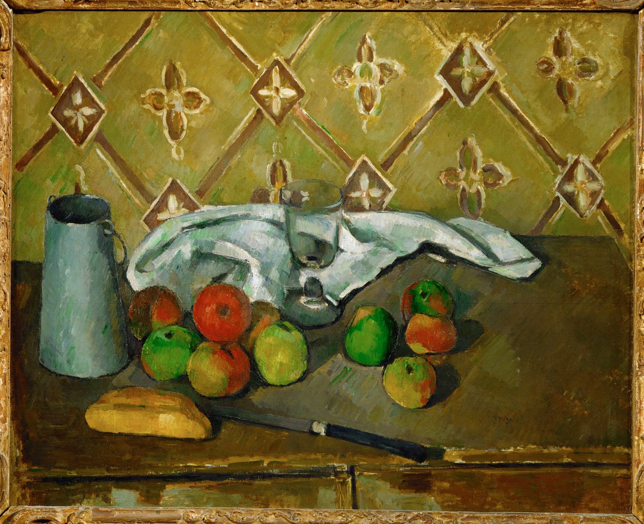 Früchte, Serviette und Krug mit Milch von Paul Cézanne