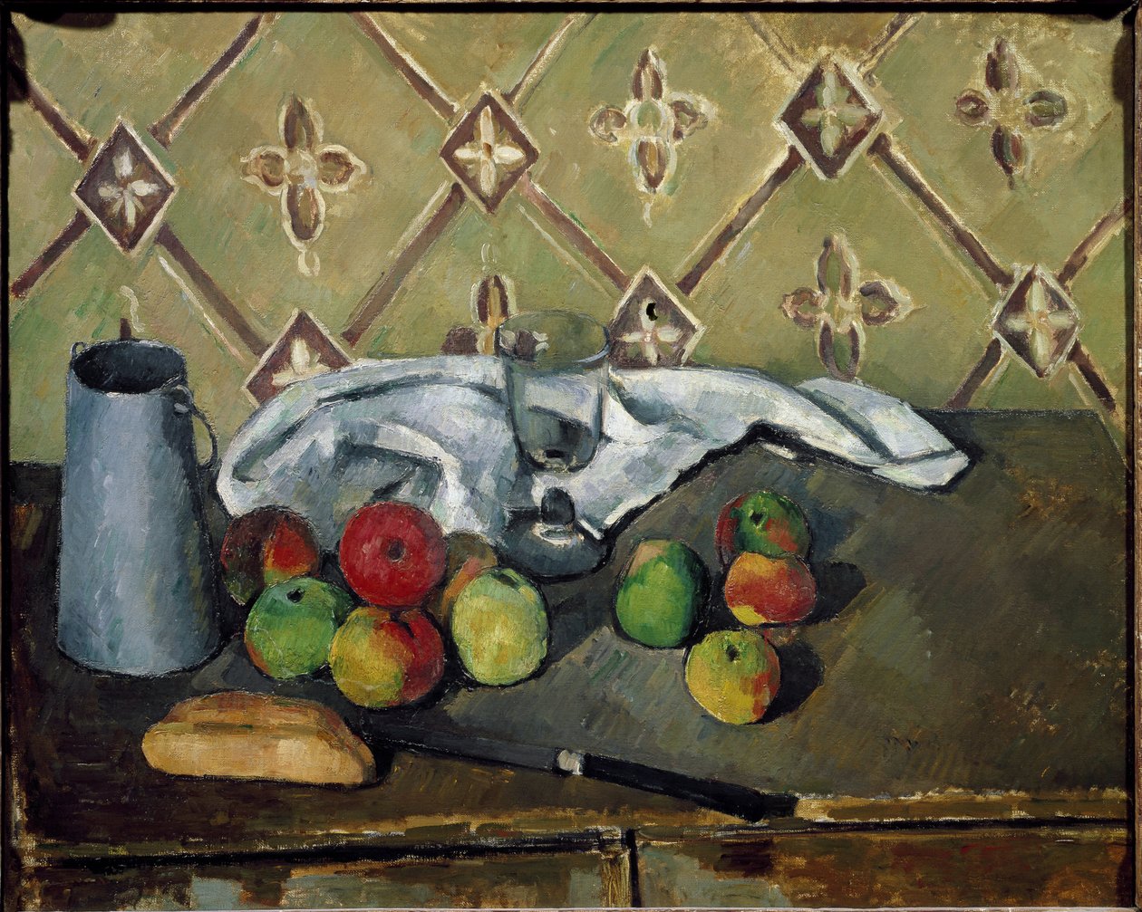 Früchte, Serviette und Milchbox von Paul Cézanne