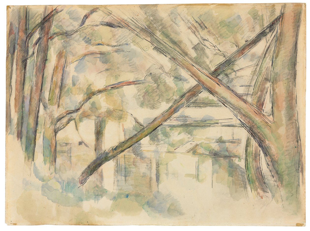Kreuzende Bäume am Wasserufer II, ca. 1896 von Paul Cézanne