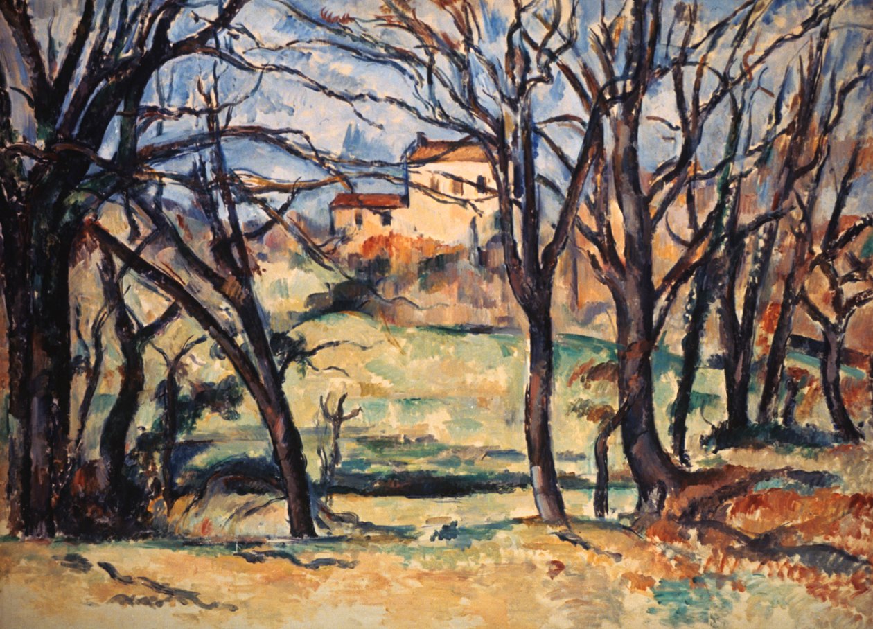 Haus hinter Bäumen auf dem Weg nach Tholonet, ca. 1885 von Paul Cézanne