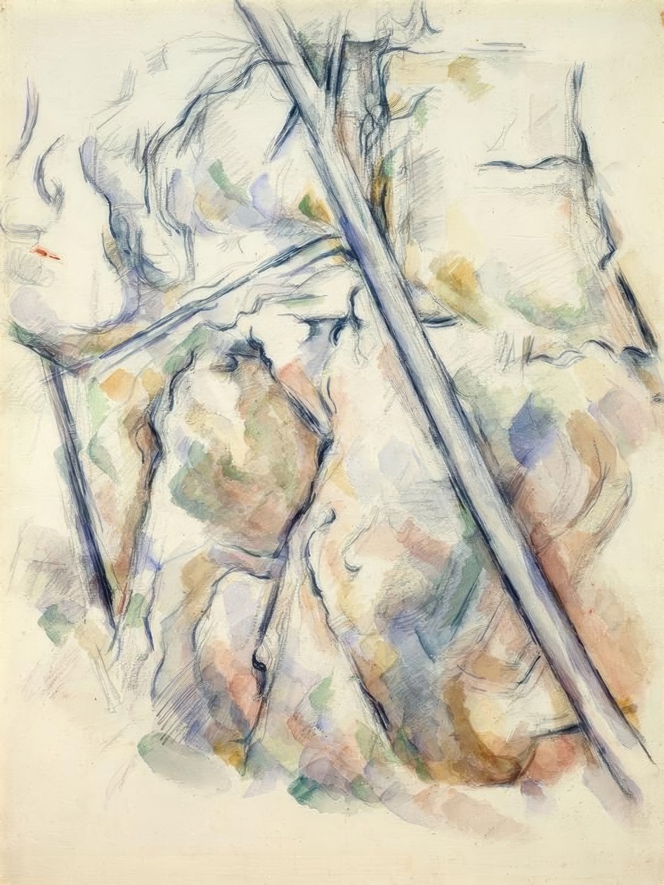 Kiefer und Felsen nahe den Höhlen oberhalb von Château-Noir von Paul Cézanne