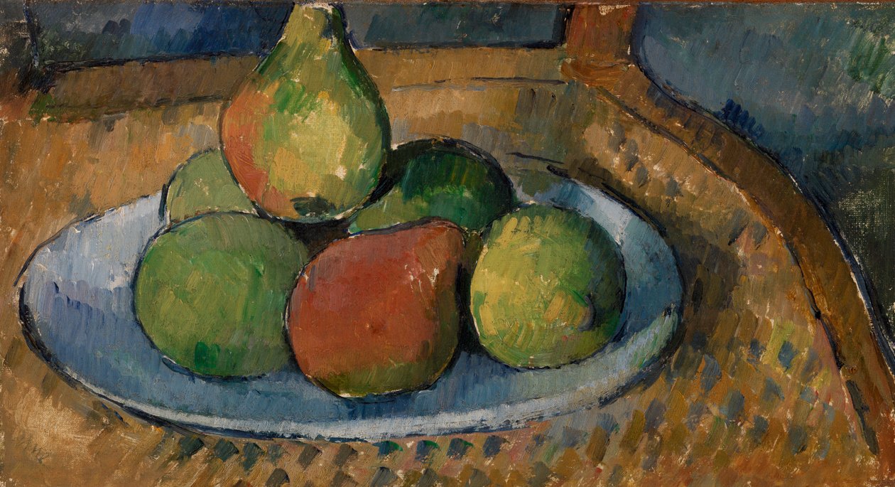 Obstteller auf einem Stuhl von Paul Cézanne