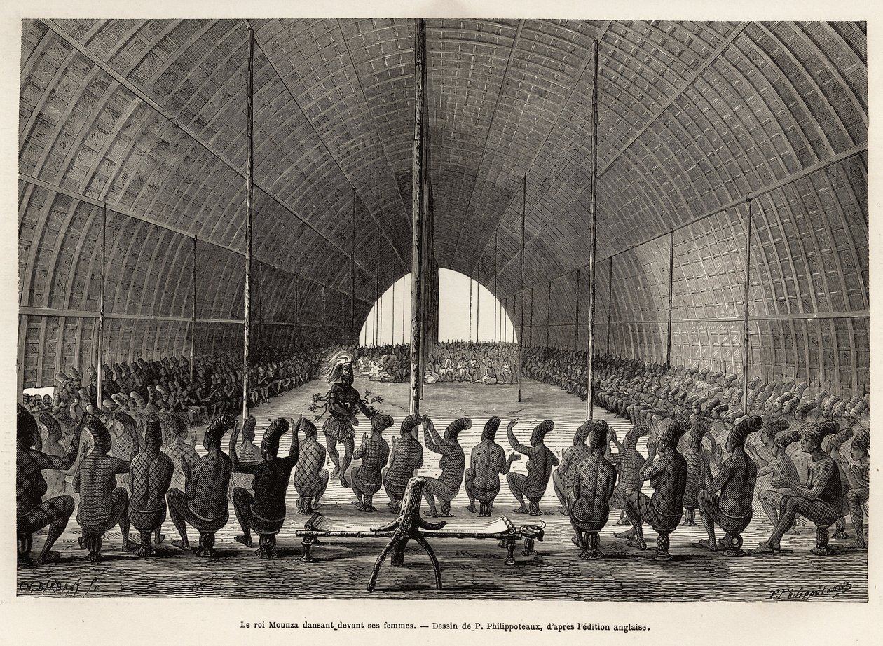 Mounza, König der Mombouttous (Zaire), tanzt vor seinem Serail, bestehend aus 80 Frauen, Gravur nach der Zeichnung von P. Philippoteaux, zur Illustration einer Reise ins Herz Afrikas 1868-1871, von Dr. George Schweinfurth, veröffentlicht in „Le tour du mon von Paul Dominique Philippoteaux