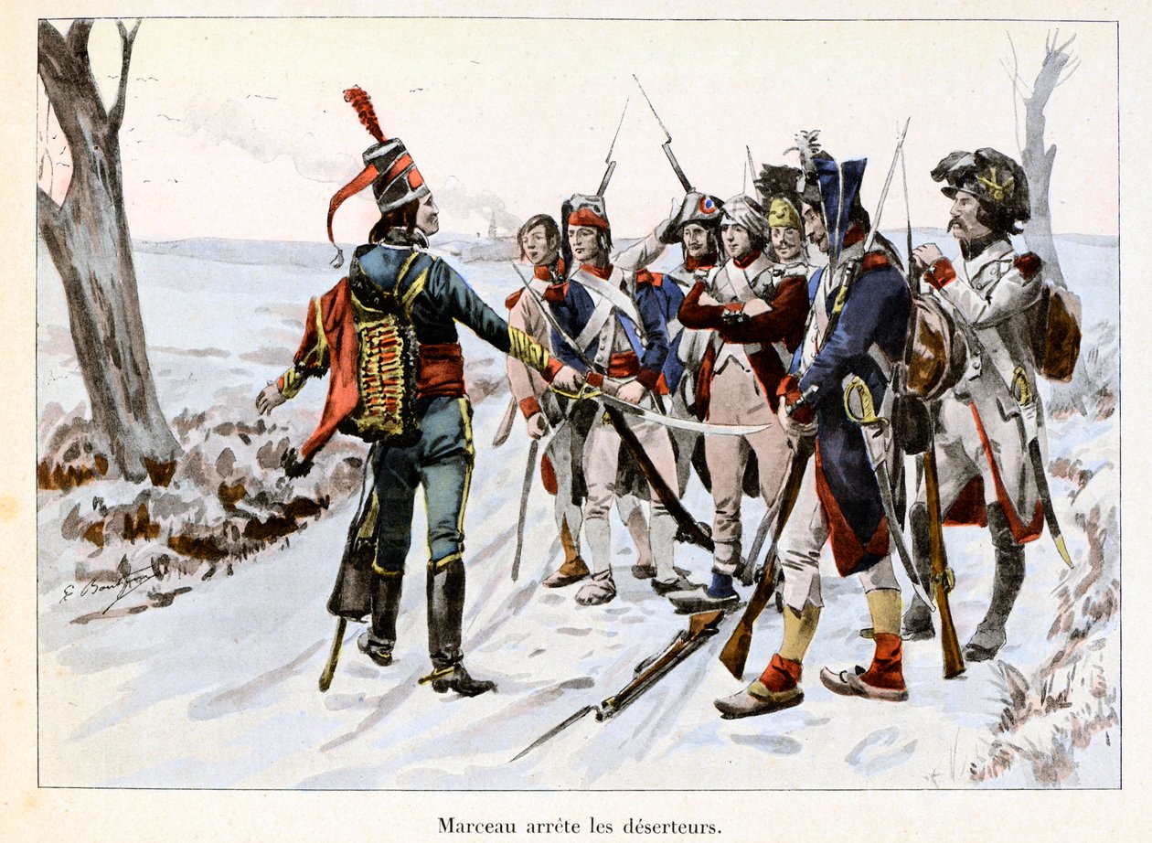 Marceau hält Deserteure auf: François-Séverin Desgraviers Marceau (1769-1796) hält die Soldaten der republikanischen Armee in der Vendée (85) auf - Illustration von Emile Boutigny (1853-1929) in „Hoche-Marceau-Desaix“ von Théodore Cahu (1854-1928) - Privat von Paul Émile Boutigny