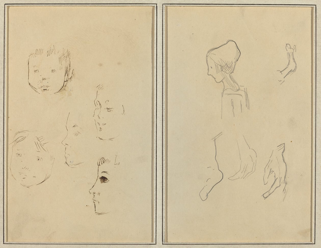 Fünf Studien von Köpfen; Ein Junge im Profil mit Studien von Händen und Füßen [verso] von Paul Gauguin
