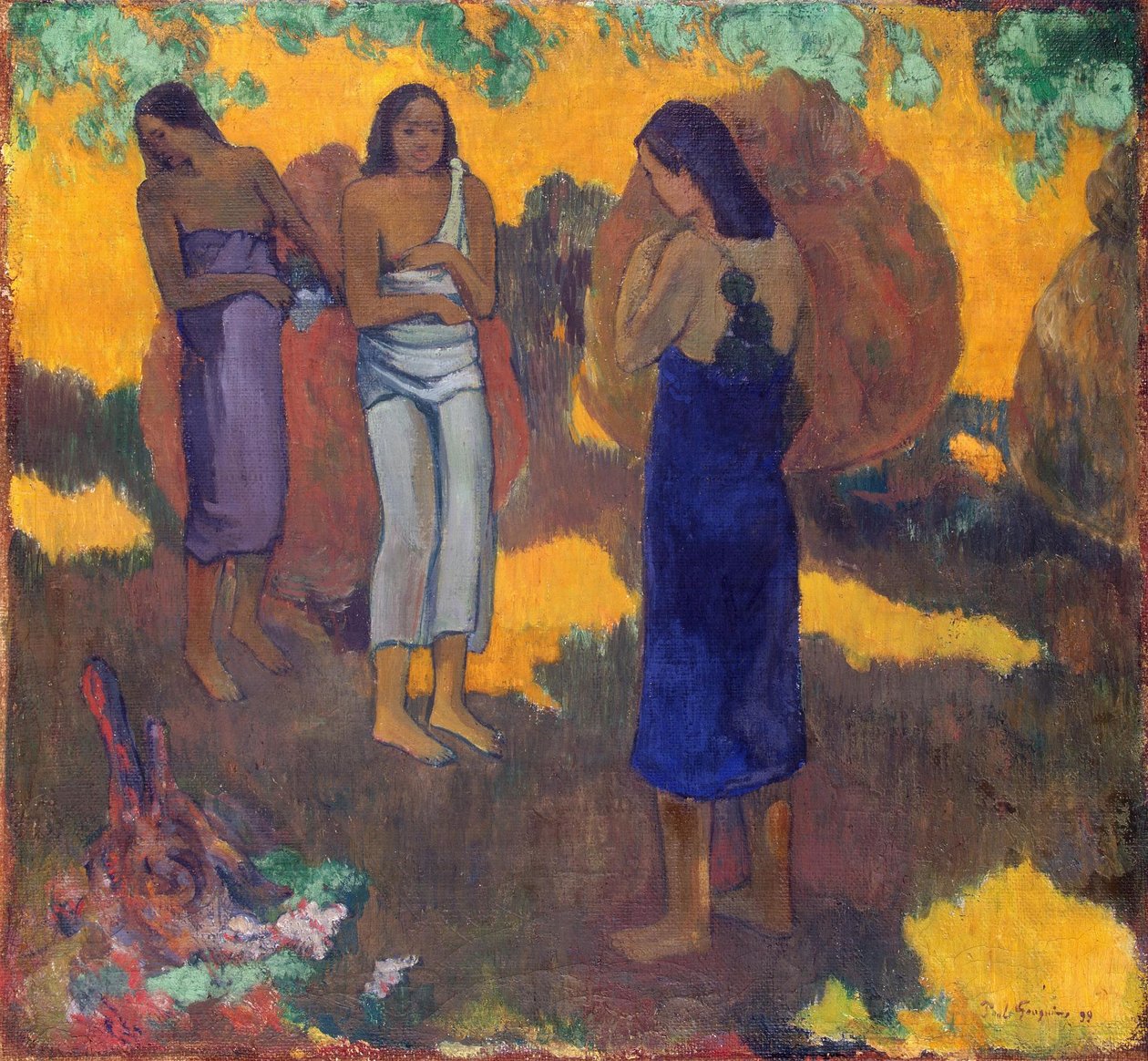 Drei Tahitianerinnen vor gelbem Hintergrund von Paul Gauguin