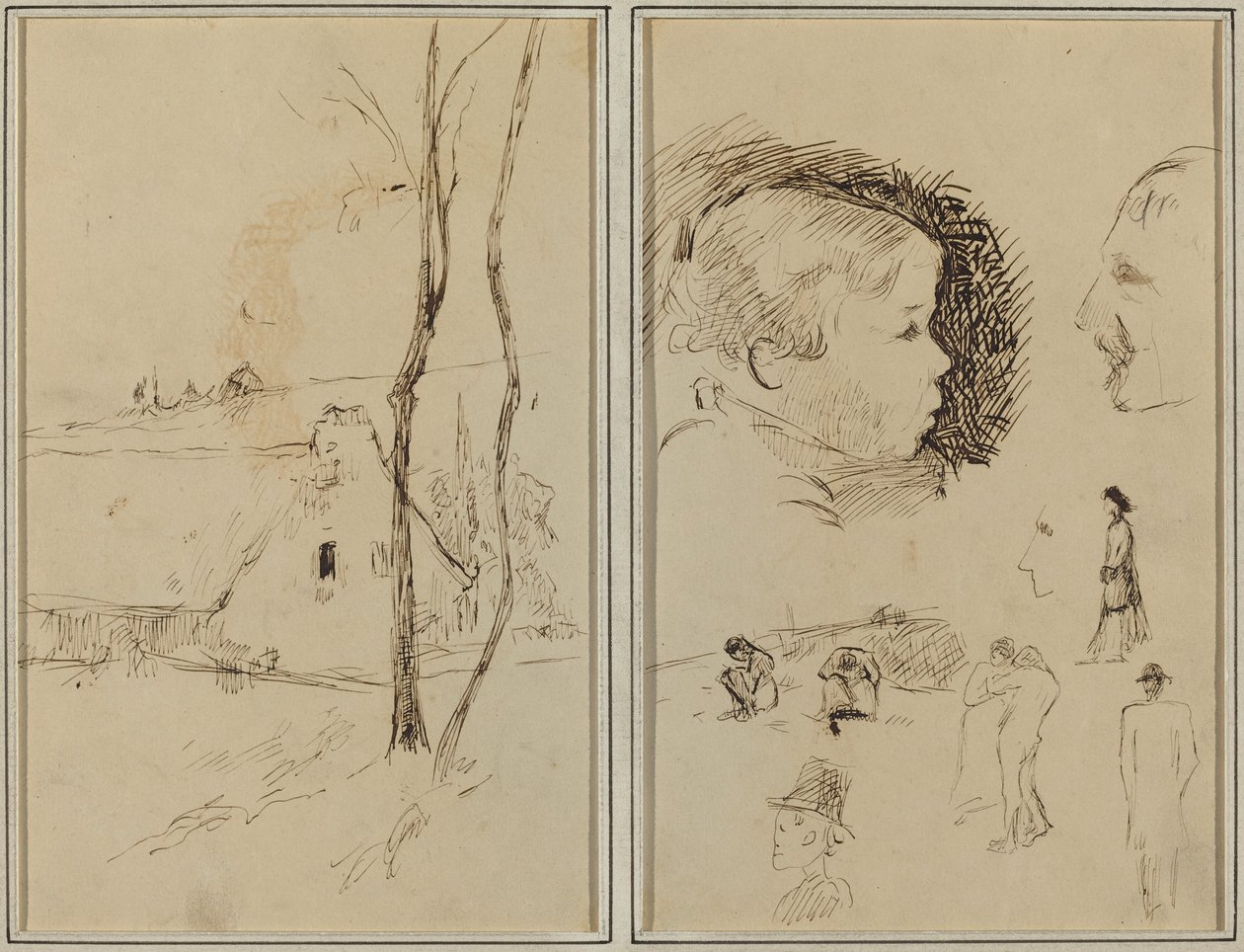 Landschaft mit einem Häuschen; Profil eines Jungen, Profil eines Mannes, zwei Frauen in einer Landschaft und fünf weitere Studien [verso] von Paul Gauguin