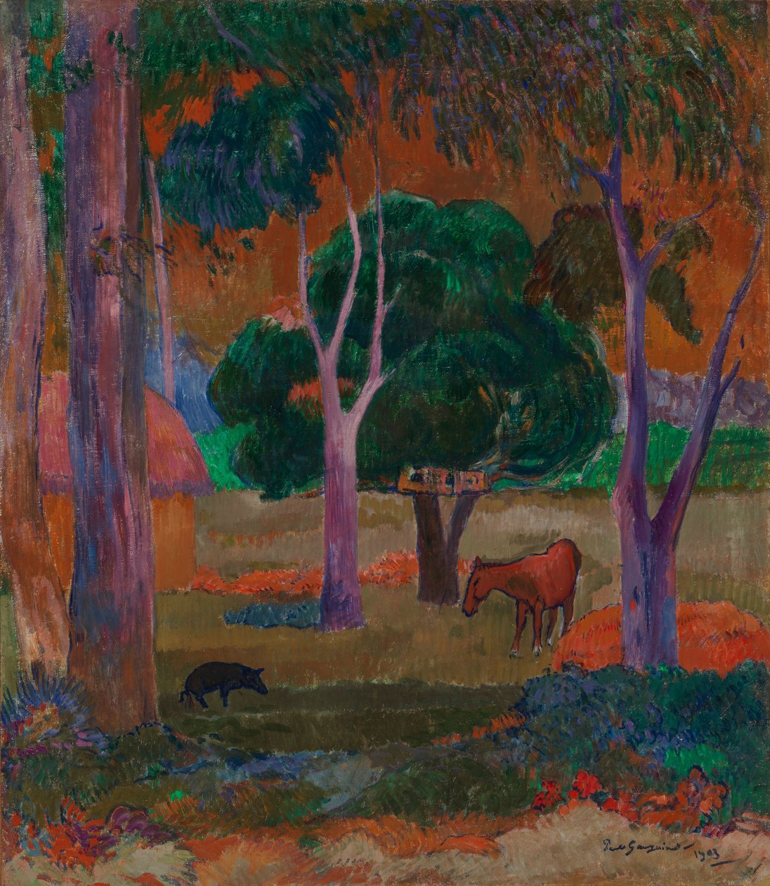Landschaft mit einem Schwein und einem Pferd (Hiva Oa) von Paul Gauguin