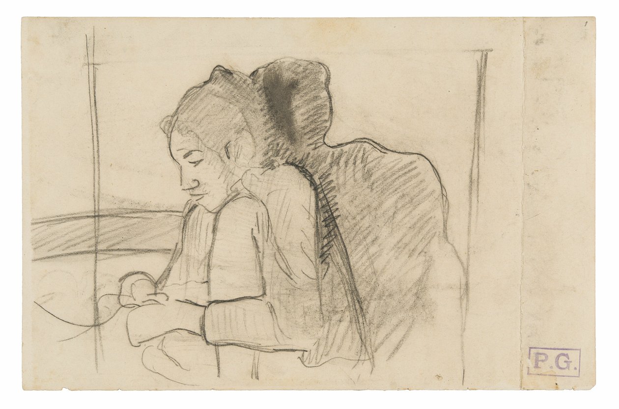 Sitzende tahitianische Frau (recto), Skizzen von Hähnen und Hühnern (verso) von Paul Gauguin