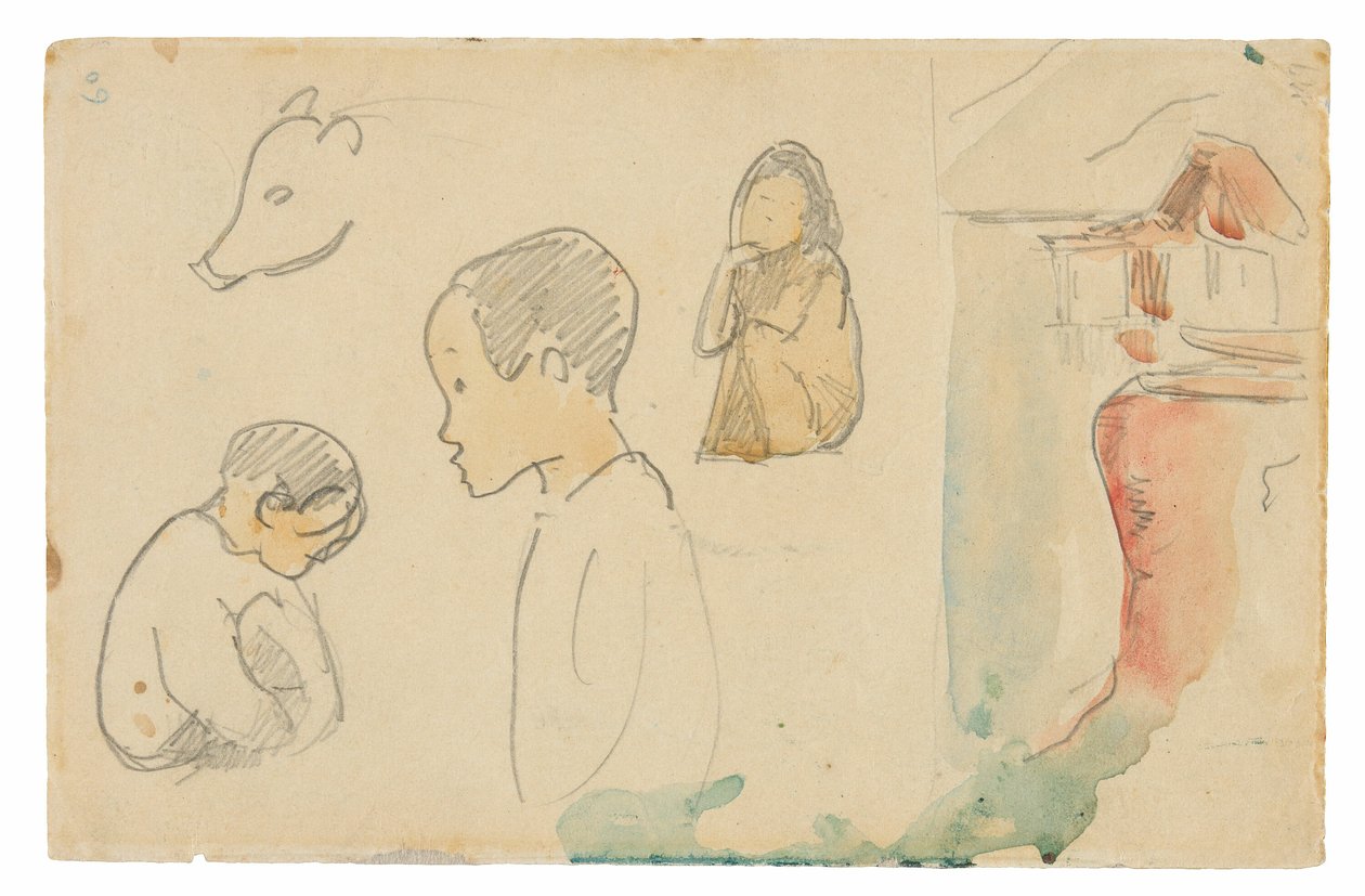 Skizzen von kauernden und stehenden Figuren, einem Schwein und einer Hütte am Wasser von Paul Gauguin