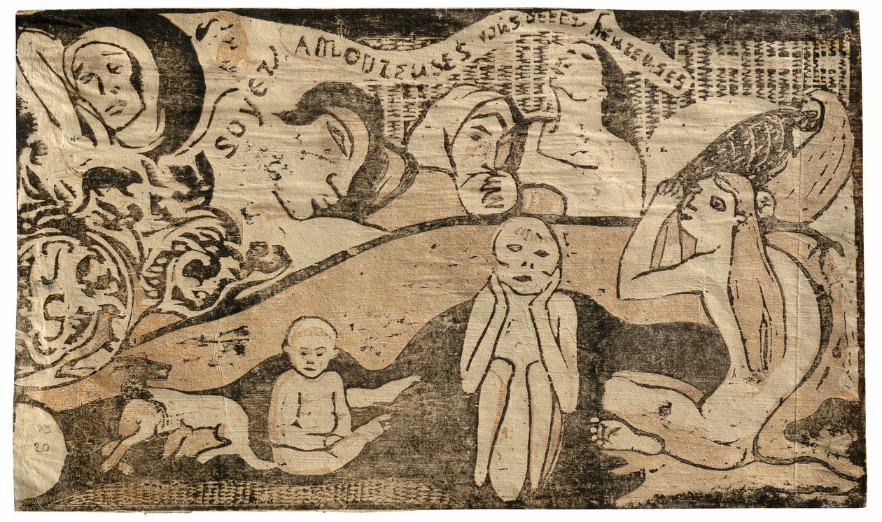 Seid verliebt, ihr werdet glücklich sein, aus der Suite der späten Holzschnittdrucke von Paul Gauguin
