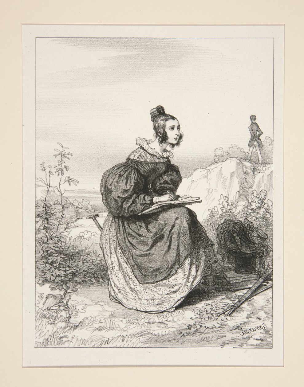 (Meine Frau zeichnet die Landschaft.) von Paul Gavarni