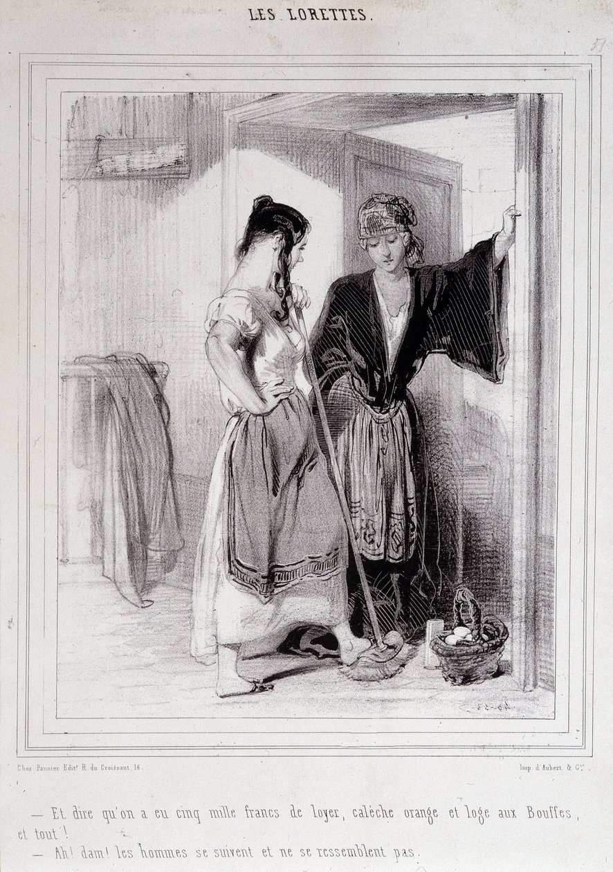 Zwei arme Frauen im Gespräch auf der Treppe über Männer, „Les Lorettes“, Gavarni, ca. 1840 von Paul Gavarni