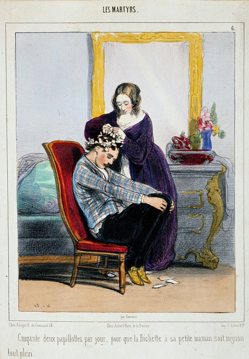 Eine Mutter legt ihrem Sohn Lockenwickler an. Karikatur von Paul Gavarni (1804-1866) von Paul Gavarni
