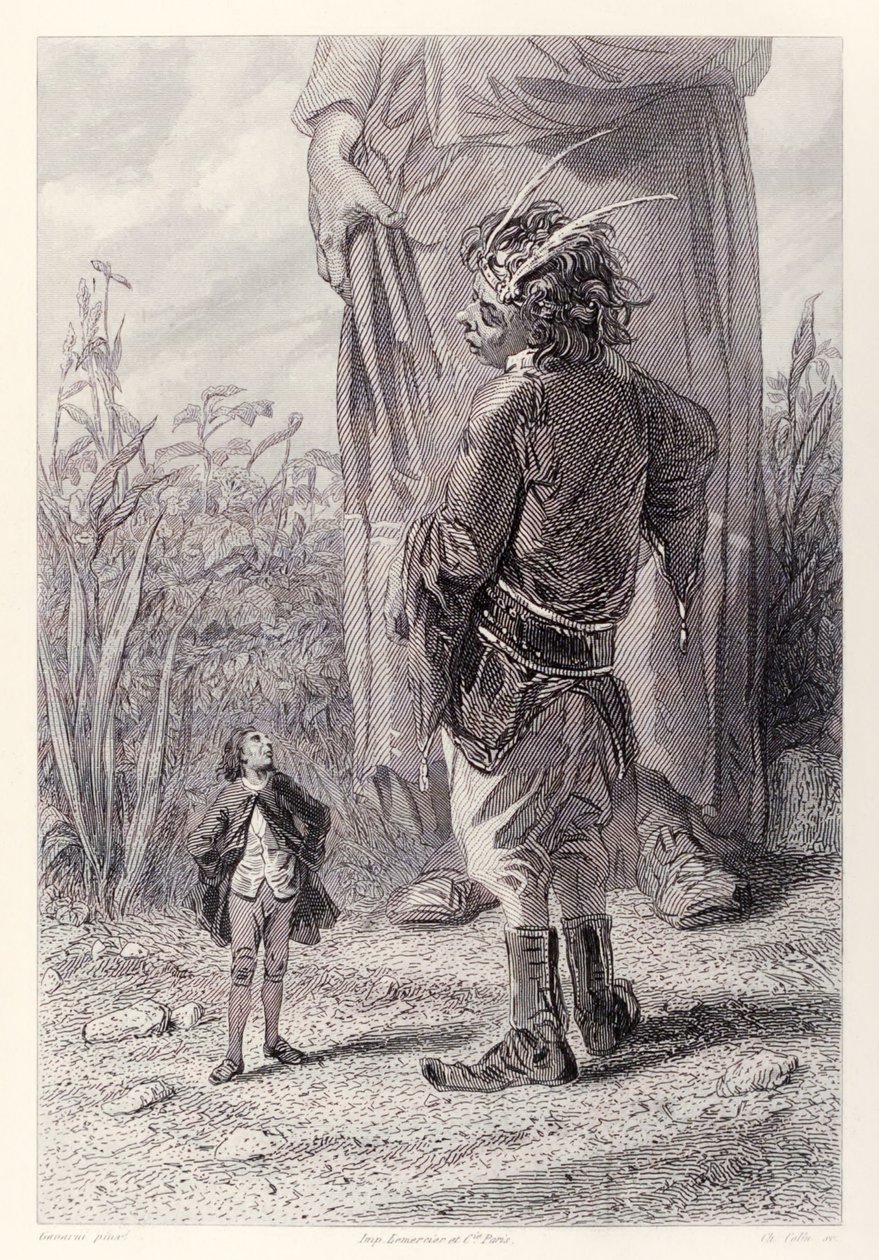 Gulliver trifft den 30 Fuß großen Zwerg der Königin, der sich freut, jemanden im Hof zu haben, der kleiner ist als er, um ihn zu quälen, aus der französischen Ausgabe von Gullivers Reisen von Jonathan Swift von Paul Gavarni