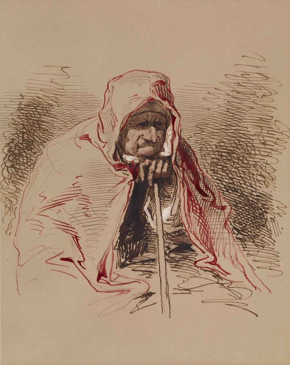 Alte Dame im roten Schal von Paul Gavarni