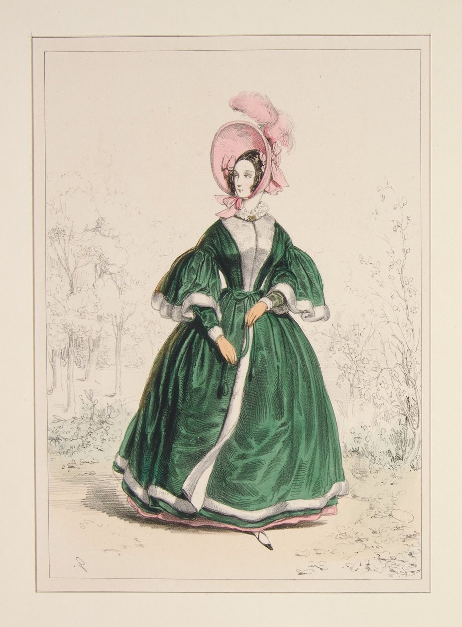 Pelisse aus grobem Gewebe, gefüttert mit Satin und mit Krepp besetzt. Plüschhut. von Paul Gavarni