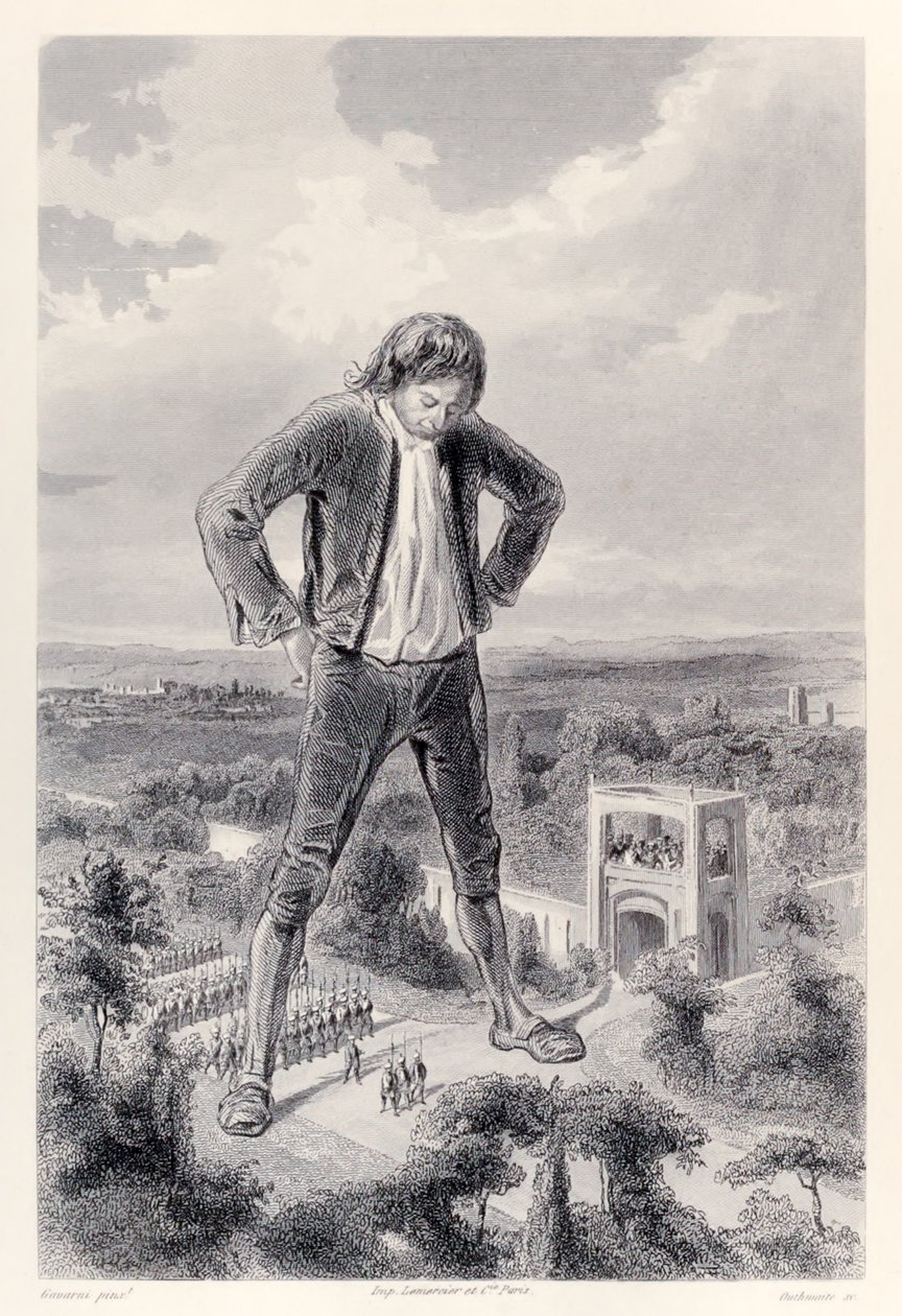 Die Lilliputanische Armee marschiert zwischen den Beinen von Gulliver, aus der französischen Ausgabe von Gullivers Reisen von Jonathan Swift von Paul Gavarni