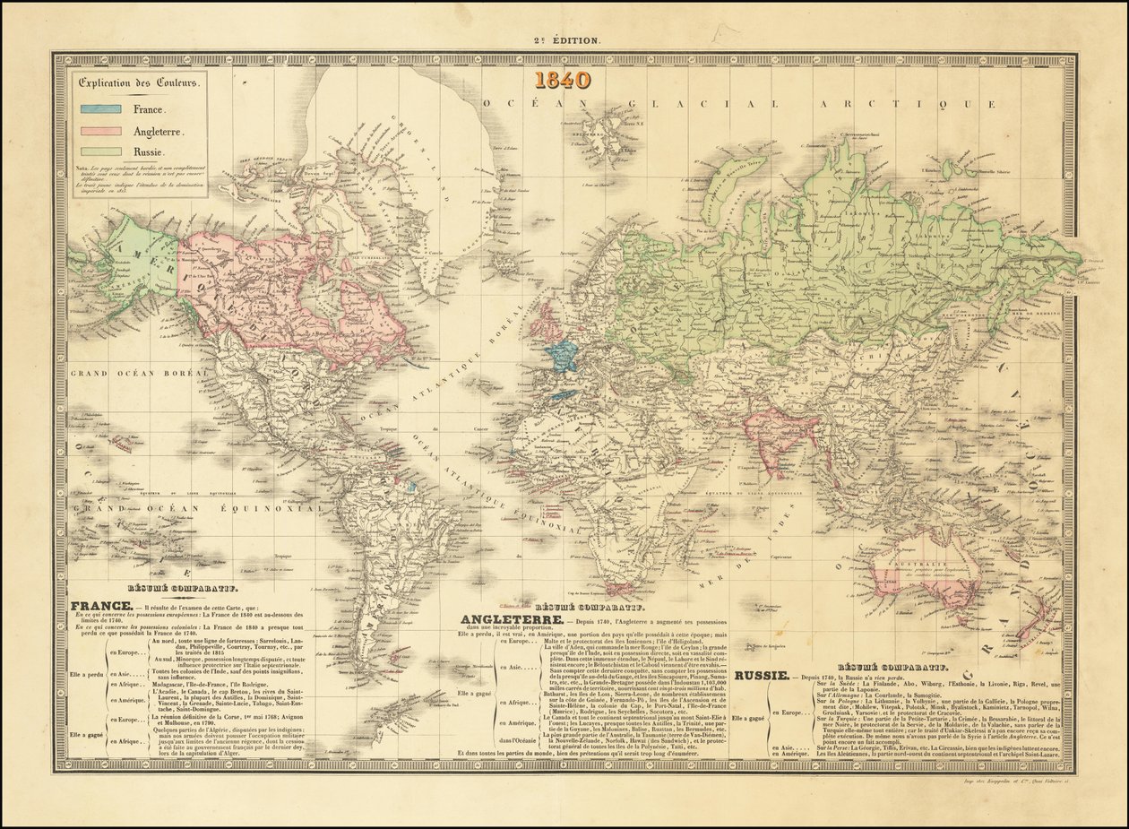 Französische Weltkarte von 1840, die die Territorien der Britischen, Französischen und Russischen Imperien darstellt von Paul Kaeppelin
