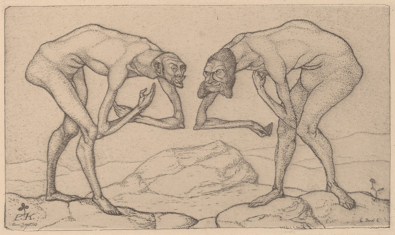 Zwei Männer, die sich in höherer Stellung vermuten, begegnen sich, 1903 von Paul Klee