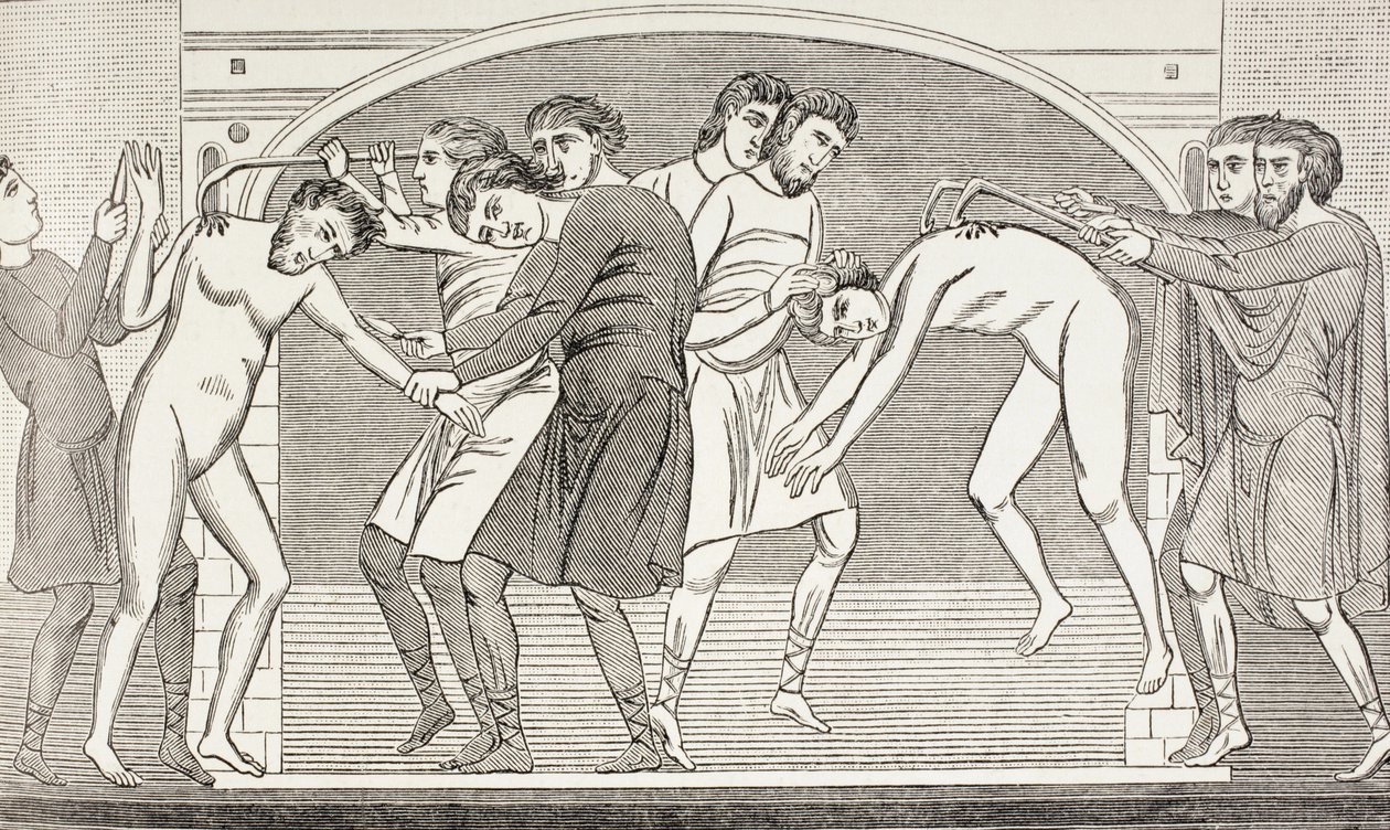 Die Heiligen Savin und Cyprian, deren Fleisch mit Eisenhaken von ihren Körpern gerissen wird. Nach einem Fresko aus dem 11. Jahrhundert in der Kirche von St. Savin, Vienne, Frankreich. von Paul Lacroix