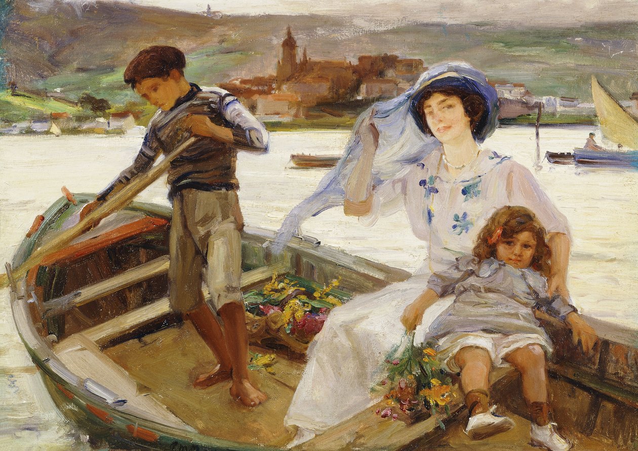 Eine Mutter und ein Kind werden über einen Fluss mit einer Stadt im Hintergrund übergesetzt von Paul Michel Dupuy