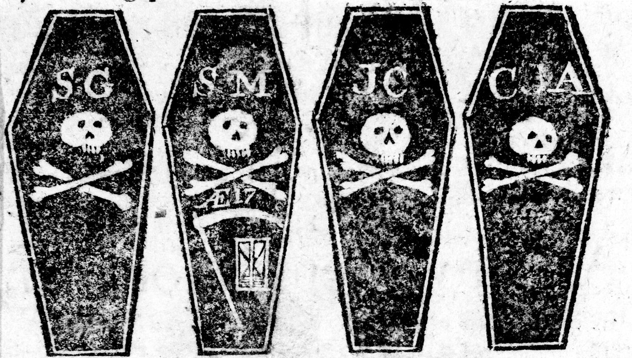 Zeichnung der vier Särge vom Massaker in Boston, gedruckt in der Boston Gazette, 12. März 1770 von Paul Revere