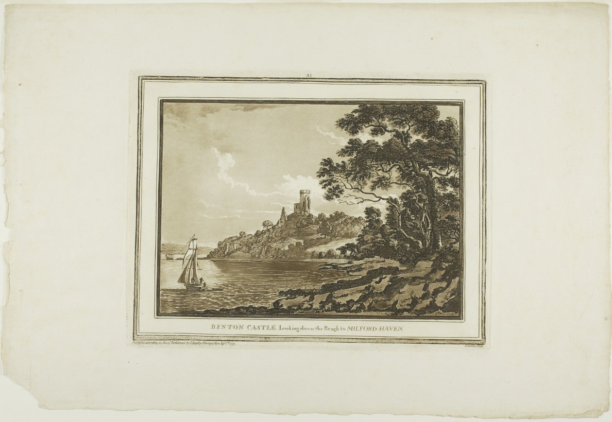 Benton Castle Blick hinunter zum Milford Haven, aus Zwölf Ansichten in Aquatinta nach Zeichnungen vor Ort in Südwales von Paul Sandby