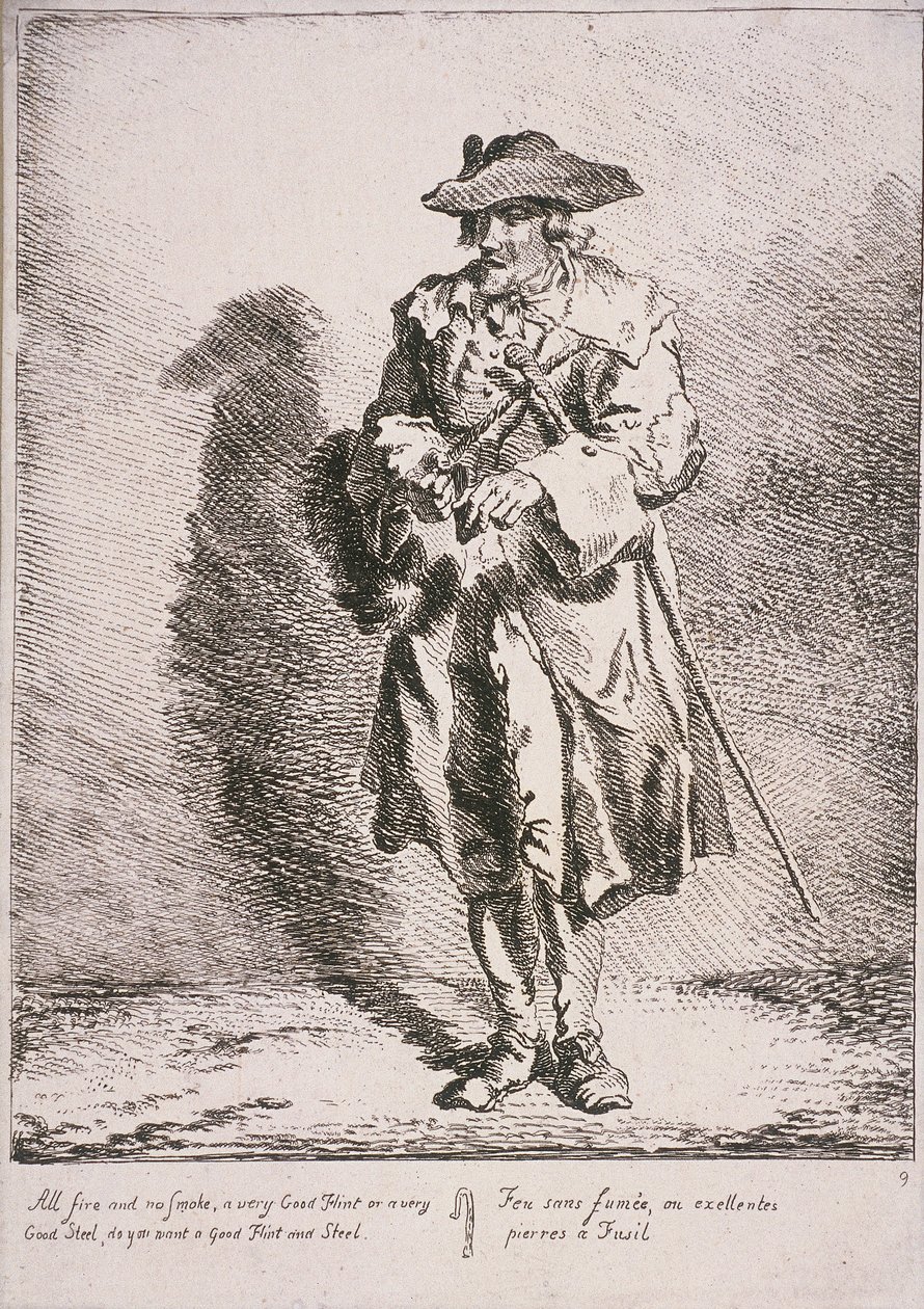 Feuerstein- und Stahlverkäufer, Rufe von London, 1760 von Paul Sandby