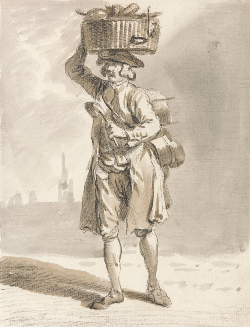 London Cries: Ein Mann mit einem Korb (Mann verkauft Töpfe und Pfannen) von Paul Sandby